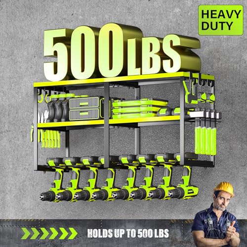 Heavy Duty Metal Power Tool Organizer, 8 Drill Bit Holders Wall Mount, Easy to Install Garage Tool Rack with Pliers and Hammer Holders for Workshop, Shed and Garage Organization Storage - Green