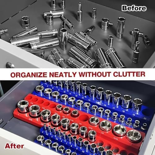 Socket Organizer 6Pcs Magnetic Socket Organizer Set 1/4", 3/8", 1/2" Drive SAE Metric Socket Trays Socket Holder 143pcs Standard Size and Deep Size Magnetic Sockets Organizer(Socket not Included)