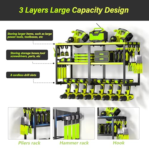 Heavy Duty Metal Power Tool Organizer, 8 Drill Bit Holders Wall Mount, Easy to Install Garage Tool Rack with Pliers and Hammer Holders for Workshop, Shed and Garage Organization Storage - Green