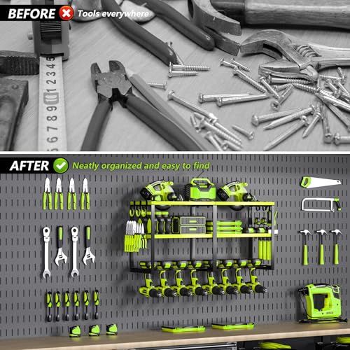 Heavy Duty Metal Power Tool Organizer, 8 Drill Bit Holders Wall Mount, Easy to Install Garage Tool Rack with Pliers and Hammer Holders for Workshop, Shed and Garage Organization Storage - Green