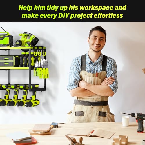 Heavy Duty Metal Power Tool Organizer, 8 Drill Bit Holders Wall Mount, Easy to Install Garage Tool Rack with Pliers and Hammer Holders for Workshop, Shed and Garage Organization Storage - Green