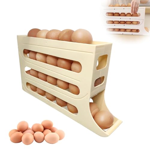 hoehew 4 Tiers Egg Holder for Fridge, Fridge Organizer, Large Capacity Cereal Dispenser, Multi-function Egg Storage for Refrigerator, Automatic Scrolling Egg Rack Holder Box (beige)