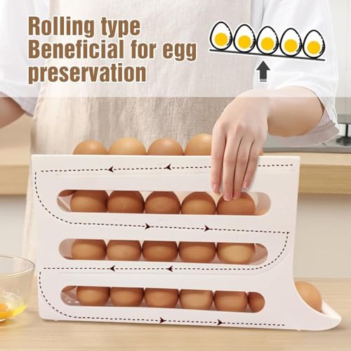 hoehew 4 Tiers Egg Holder for Fridge, Fridge Organizer, Large Capacity Cereal Dispenser, Multi-function Egg Storage for Refrigerator, Automatic Scrolling Egg Rack Holder Box (beige)
