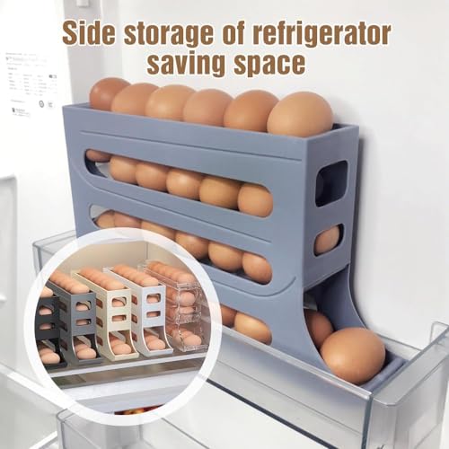 hoehew 4 Tiers Egg Holder for Fridge, Fridge Organizer, Large Capacity Cereal Dispenser, Multi-function Egg Storage for Refrigerator, Automatic Scrolling Egg Rack Holder Box (beige)