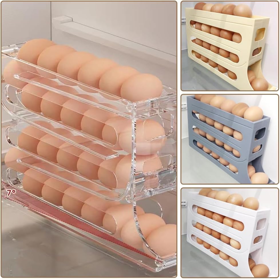 hoehew 4 Tiers Egg Holder for Fridge, Fridge Organizer, Large Capacity Cereal Dispenser, Multi-function Egg Storage for Refrigerator, Automatic Scrolling Egg Rack Holder Box (beige)