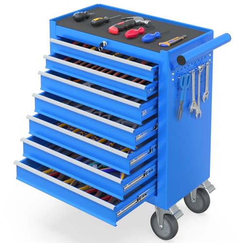 SGmory 7-Drawer Rolling Tool Chest, Metal Tool Box with Locking System and 4 hooks, Multifunctional Mechanic Tool Storage Organizer Tool Cart for Garage, Warehouse, Repair Shop, Workshop(Blue)