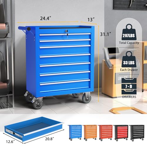 SGmory 7-Drawer Rolling Tool Chest, Metal Tool Box with Locking System and 4 hooks, Multifunctional Mechanic Tool Storage Organizer Tool Cart for Garage, Warehouse, Repair Shop, Workshop(Blue)