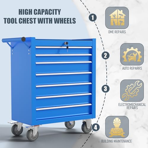 SGmory 7-Drawer Rolling Tool Chest, Metal Tool Box with Locking System and 4 hooks, Multifunctional Mechanic Tool Storage Organizer Tool Cart for Garage, Warehouse, Repair Shop, Workshop(Blue)
