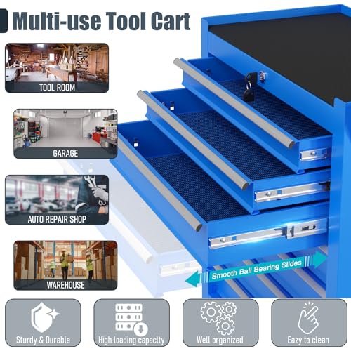 SGmory 7-Drawer Rolling Tool Chest, Metal Tool Box with Locking System and 4 hooks, Multifunctional Mechanic Tool Storage Organizer Tool Cart for Garage, Warehouse, Repair Shop, Workshop(Blue)