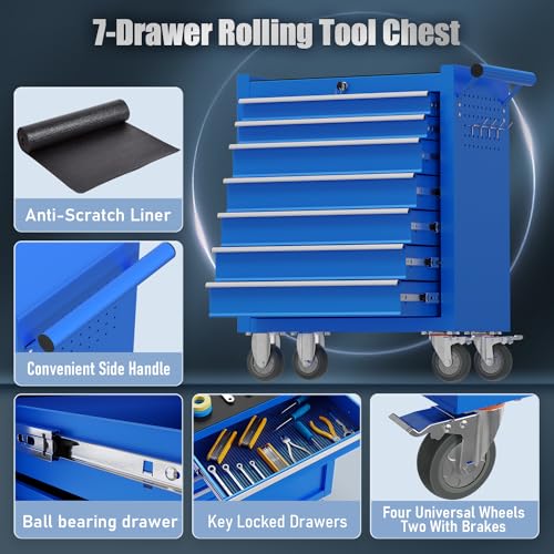 SGmory 7-Drawer Rolling Tool Chest, Metal Tool Box with Locking System and 4 hooks, Multifunctional Mechanic Tool Storage Organizer Tool Cart for Garage, Warehouse, Repair Shop, Workshop(Blue)