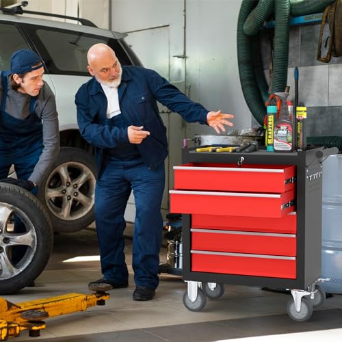 5 Drawers Rolling Tool Box, Organizer Portable Storage Tool Chest with Wheels, Tool Chests & Cabinets for Workshop, Warehouse, Garage, Repair Shop(BlackRed)