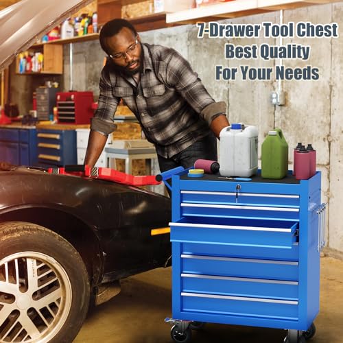 SGmory 7-Drawer Rolling Tool Chest, Metal Tool Box with Locking System and 4 hooks, Multifunctional Mechanic Tool Storage Organizer Tool Cart for Garage, Warehouse, Repair Shop, Workshop(Blue)