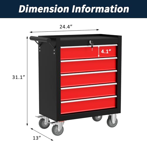 5 Drawers Rolling Tool Box, Organizer Portable Storage Tool Chest with Wheels, Tool Chests & Cabinets for Workshop, Warehouse, Garage, Repair Shop(BlackRed)