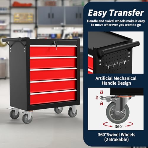 5 Drawers Rolling Tool Box, Organizer Portable Storage Tool Chest with Wheels, Tool Chests & Cabinets for Workshop, Warehouse, Garage, Repair Shop(BlackRed)