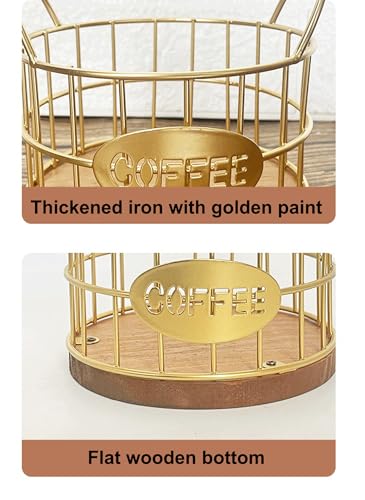 Coffee Pod Holder for Counter, K Cup Holders Coffee Pods Storage Organizer,Large Capacity Coffee Bar Basket with Wooden Base for Kitchen Office Desktop (Gold)