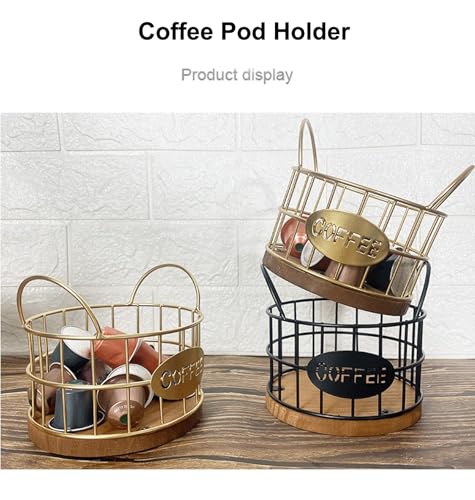 Coffee Pod Holder for Counter, K Cup Holders Coffee Pods Storage Organizer,Large Capacity Coffee Bar Basket with Wooden Base for Kitchen Office Desktop (Gold)
