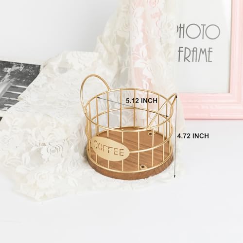 Coffee Pod Holder for Counter, K Cup Holders Coffee Pods Storage Organizer,Large Capacity Coffee Bar Basket with Wooden Base for Kitchen Office Desktop (Gold)