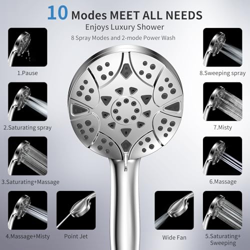 10-mode High Pressure Handheld Shower Head with Stainless Steel Hose