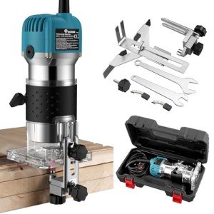 COLFULINE Palm Router Tool, 1/4'' Compact Electric Hand Router Wood Trimmer Routers Woodworking with 6 Variable Speed, Portable Router Case, Trimmer Base 6.35mm, 3m Power Cord