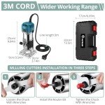 COLFULINE Palm Router Tool, 1/4'' Compact Electric Hand Router Wood Trimmer Routers Woodworking with 6 Variable Speed, Portable Router Case, Trimmer Base 6.35mm, 3m Power Cord