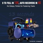 Air Compressor Portable, Ultra Quiet 60 dB, 13-Second Quick Fill, 1 Gallon Compact, Oil-Free for Tire Inflation, Nail Gun, Pneumatic Tools, Cleaning in Home or Shop Projects, 1.5HP