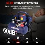 Air Compressor Portable, Ultra Quiet 60 dB, 13-Second Quick Fill, 1 Gallon Compact, Oil-Free for Tire Inflation, Nail Gun, Pneumatic Tools, Cleaning in Home or Shop Projects, 1.5HP