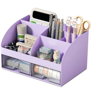 COMFYROOM Desk Organizer and Accessories with 6 Compartments and 2 Drawers, Plastic Makeup Organizer, Pen Holder for Desktop Storage, Desk Organization for School, Home, Office Supplies (Purple)