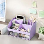 COMFYROOM Desk Organizer and Accessories with 6 Compartments and 2 Drawers, Plastic Makeup Organizer, Pen Holder for Desktop Storage, Desk Organization for School, Home, Office Supplies (Purple)