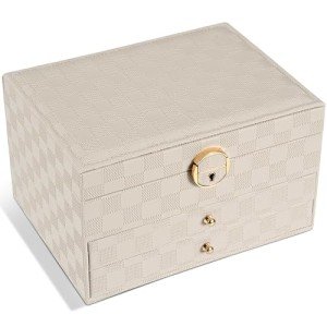 GUOER Jewelry Box for Women Girl Wife - Large PU Leather Jewelry Organizer Storage Case with 3 Layers Display for Earrings Bracelets Rings Watches (Light Khaki)