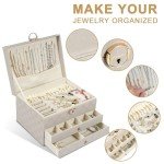 GUOER Jewelry Box for Women Girl Wife - Large PU Leather Jewelry Organizer Storage Case with 3 Layers Display for Earrings Bracelets Rings Watches (Light Khaki)