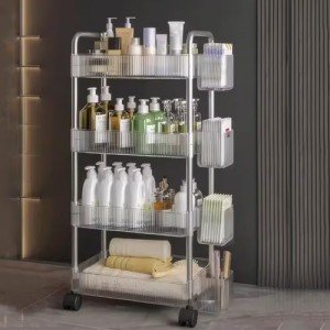 JICOLI 4-Tier Acrylic Storage Rolling Cart Clear Bathroom Cart Organizer, Transparency Laundry Room Organization Mobile Shelving Unit Multifunction Rolling Utility Cart for Office Living Room