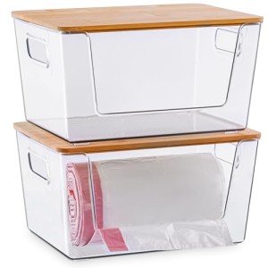 Citylife 2-Pack Extra Large Trash Bag Holder with Bamboo Top and Handles Under Sink Garbage Bag Dispenser Storage for Home, Kitchen, Laundry Room Organization