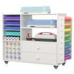 Craft Organization and Storage Cart Compatible with Cricut Machine Cricut Table, Rolling Craft Organizer with Two Large Drawer & 24 Vinyl Roll Holder & Paper Storage Organizer, for Home Craft Room