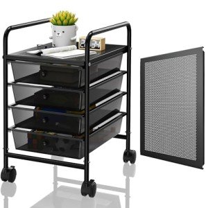 Metal 4 Tier Rolling Cart with 4 Drawers,1 Table Top & 4 Wheels, Utility Grocery Craft Cart on Wheels for Classroom, Office, Bathroom, Kitchen, Bar, Home Storage and Organization, Dorm Room Essentials