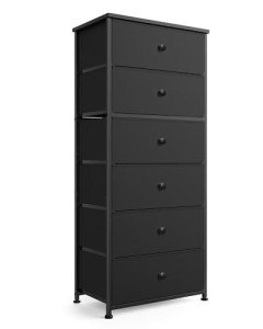 Mifuro Tall Fabric Dresser for Bedroom, Vertical Storage Organizer Tower with 6 Drawers, Chest of Drawers with Fabric Bins, Steel Frame, Wood Top for Bedroom, Closet, Entryway- Black