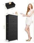 Mifuro Tall Fabric Dresser for Bedroom, Vertical Storage Organizer Tower with 6 Drawers, Chest of Drawers with Fabric Bins, Steel Frame, Wood Top for Bedroom, Closet, Entryway- Black
