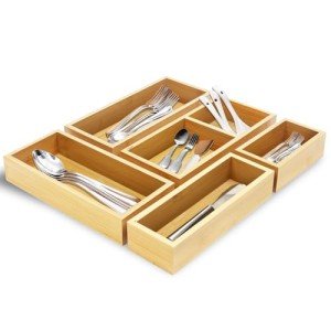 Zen Smart Bamboo Drawer Organizer Boxes-Set of 5 Wooden Drawer Organizers for Kitchen, Bathroom, Office, Desk, Vanity, Makeup-Non-Slip Junk Drawer Organizer Trays for Storage & Organization
