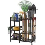 keomaisyto Garden Tool Organizer with Basket, 3 Tier Yard Tool Storage Rack for Garage Organization, Heavy Duty Garden Tool Holder with 35 Long-Handled Tool Slots for Shed, Yard, Garage