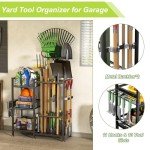 keomaisyto Garden Tool Organizer with Basket, 3 Tier Yard Tool Storage Rack for Garage Organization, Heavy Duty Garden Tool Holder with 35 Long-Handled Tool Slots for Shed, Yard, Garage