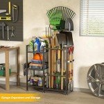 keomaisyto Garden Tool Organizer with Basket, 3 Tier Yard Tool Storage Rack for Garage Organization, Heavy Duty Garden Tool Holder with 35 Long-Handled Tool Slots for Shed, Yard, Garage