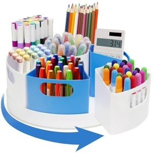ZERUIDM Rotating Art Supply Organizer Storage Caddy for Kids - 7 Bins Craft Marker Crayon Organizer for School Desk, Lazy Susan Pencil Holder for Classroom Organization, Homeschool Supplies