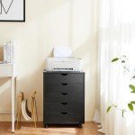 Sweetcrispy 5 Drawer Chest, Dressers Storage Cabinets Wooden Dresser Mobile Cabinet with Wheels Room Organizer, Small Drawers Wood Organization Furniture for Office, Home, Black Wood