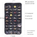 Bloss Hanging Jewelry Organizer, Double Sided 80 Pocket Jewelry Chain Storage Bag 2 Layer of Fabric Jewelry Organizer Holder for Necklace Bracelet Earring Ring Chain Knitting Tool-Black