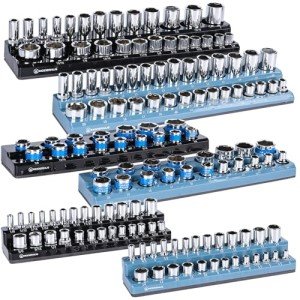 MODERNUS Magnetic Socket Organizer - 6-Piece Tool Storage for SAE & Metric Drive Sockets - Clear Size Markings, Deep Slots, Powerful Magnet - Holds 143 Pieces - (Sockets Not Included)