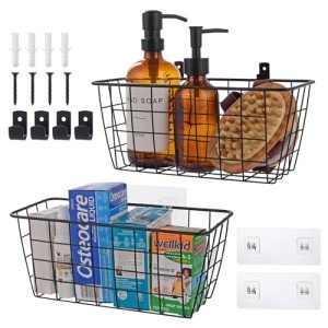 LIGHT DUST Wire Hanging Wall Basket, 2 Black Baskets Set, Adhesive Wall Mount Organizer for Pantry Kitchen RV Bathroom Cabinet Storage Organization