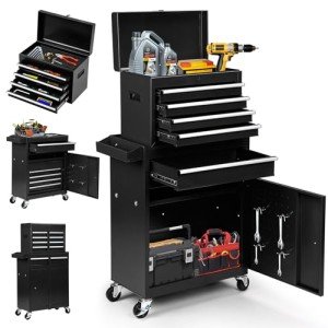 Dawmilon 5-Drawer Rolling Tool Chest, 2-in-1 Tool Box Organizer with Lockable Wheels, Sliding Drawers, and Detachable Top, Garage Workshop Tool Storage Cabinet, Black