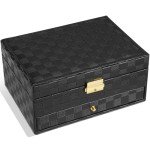 GUOER Jewelry Box for Women Girl Wife - Large PU Leather Jewelry Organizer Storage Case with Two Layers Display for Earrings Bracelets Rings Watches (Checkered Black)