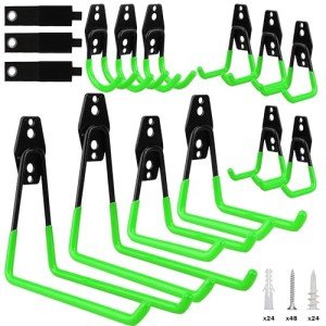 15-Piece Garage Hook Wall Storage Tool, Steel Heavy Duty Bike Hooks, Anti-Slip Utility Hook Hanger, Garden Organizer Wall Mount Assortment, Wood, Brick, Concrete Wall (Green)