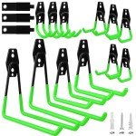 15-Piece Garage Hook Wall Storage Tool, Steel Heavy Duty Bike Hooks, Anti-Slip Utility Hook Hanger, Garden Organizer Wall Mount Assortment, Wood, Brick, Concrete Wall (Green)