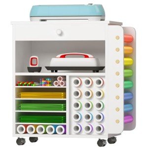 Craft Organization and Storage Cart Compatible with Cricut Machines, Featuring Vinyl Roll Holder and Drawers, Rolling Craft Storage Cabinet and Workstation for Craft Room and Home